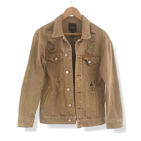 Forever 21 Jean Denim Jacket Brown Tan Denim Distress Grunge Rips Tears Thrash S - Picture 1 of 6